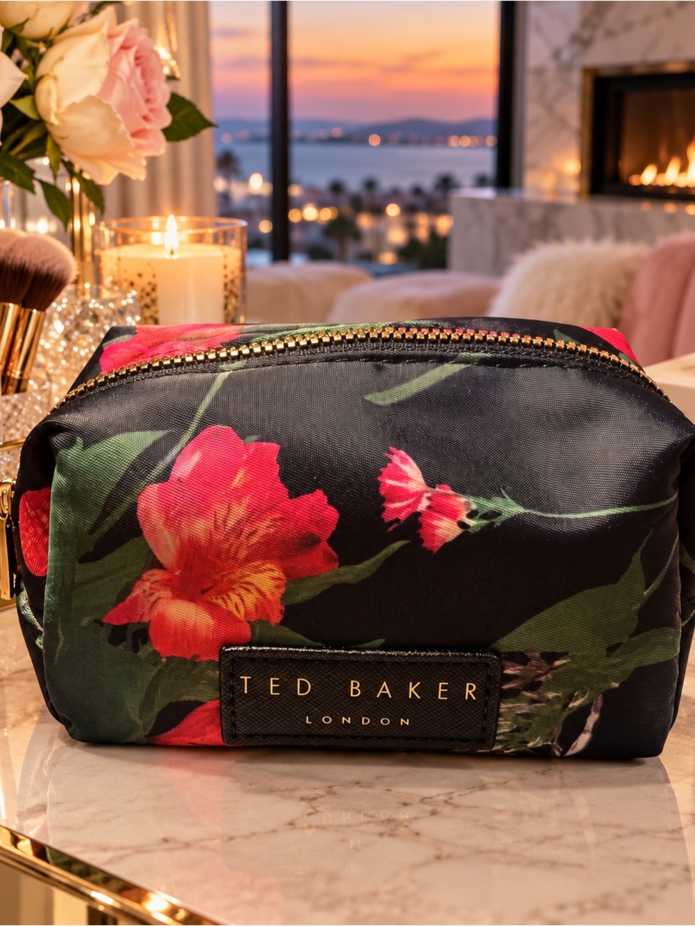 Ted Baker London Black Floral Cosmetic Pouch with Pink-Red Blooms